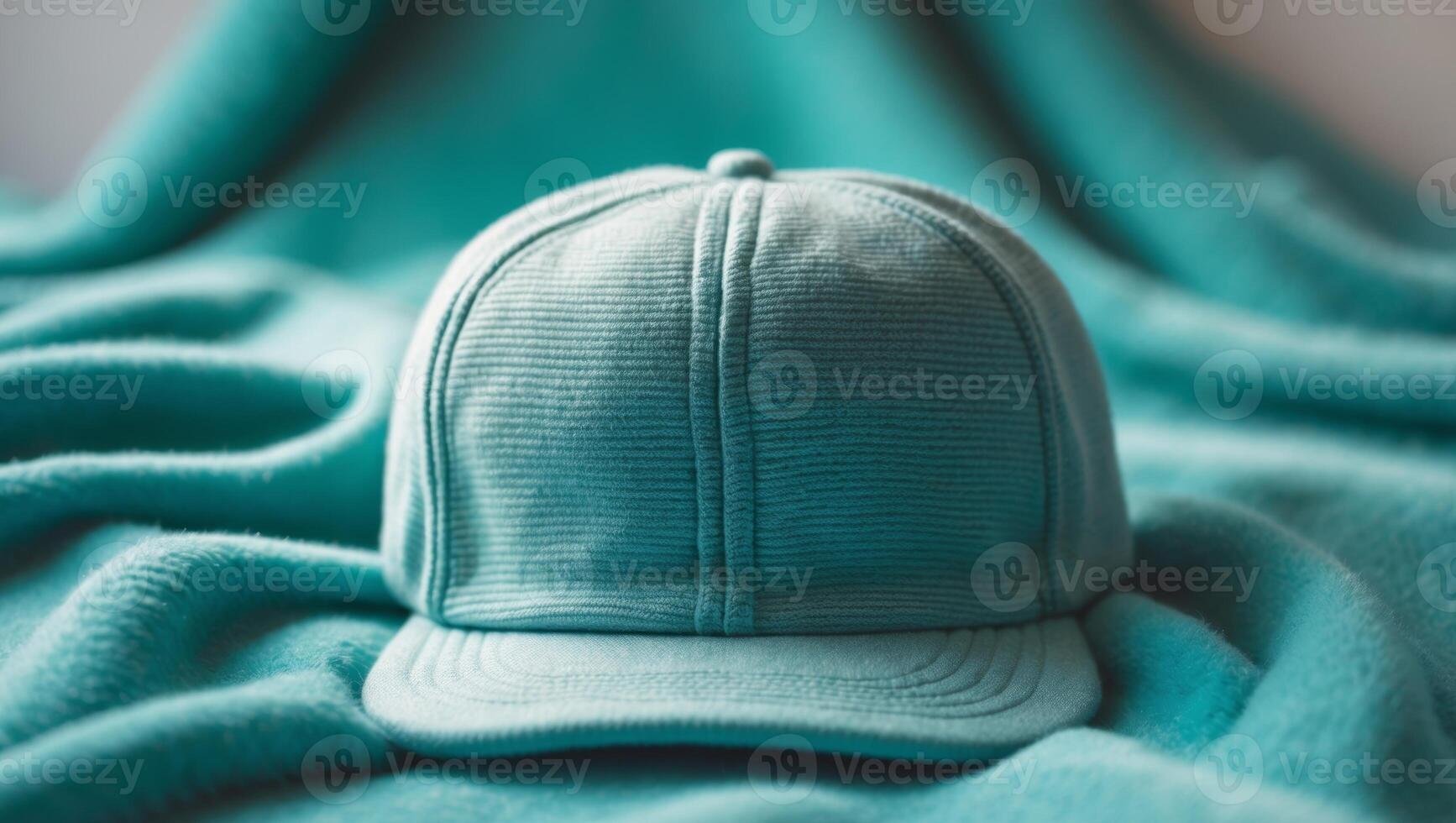Knitted baseball cap resting on teal fleece. photo