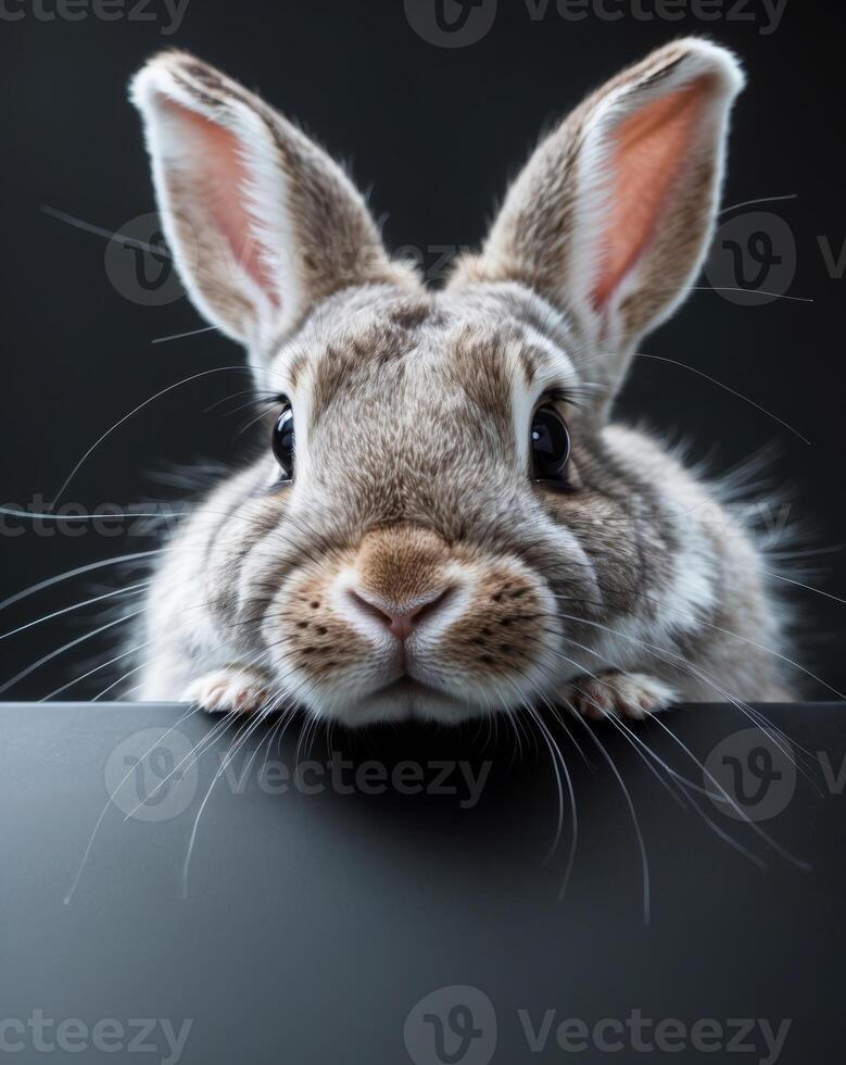 A close up of a rabbit peeking over a black surface photo