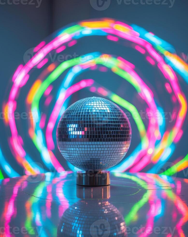 Disco ball on a table with colorful lights in the background creating a festive atmosphere for a party photo