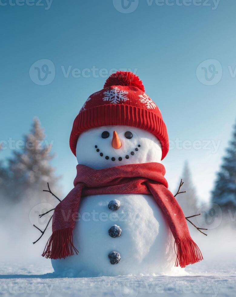 Snowman wearing a red hat and scarf in a winter landscape. photo