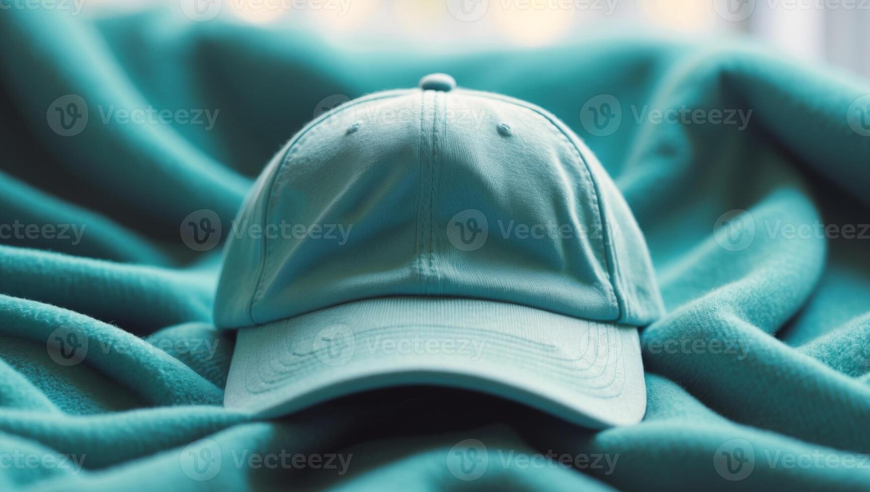 Knitted baseball cap resting on teal fleece photo
