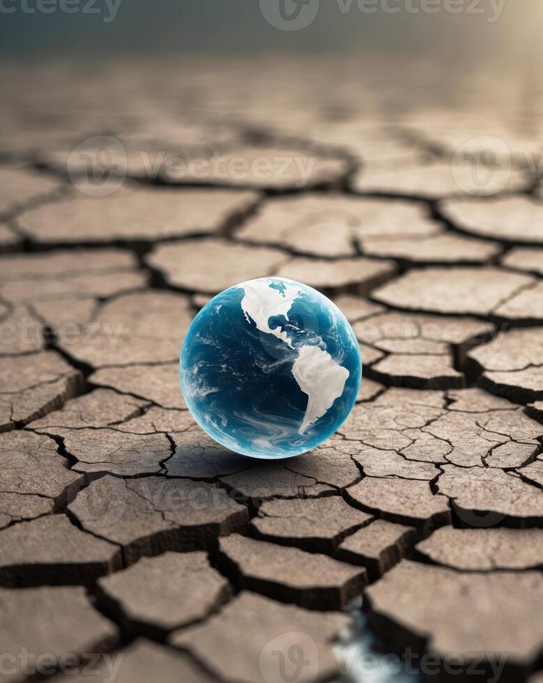 Small earth surrounded by cracked soil illustrating environmental concerns and climate change. photo