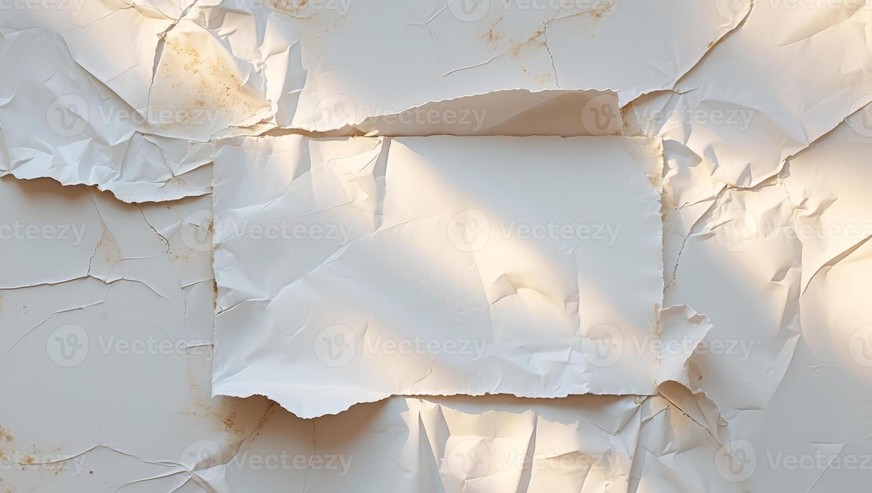 Glued poster texture presents wrinkled and creased blank white canvas perfect for mockups photo