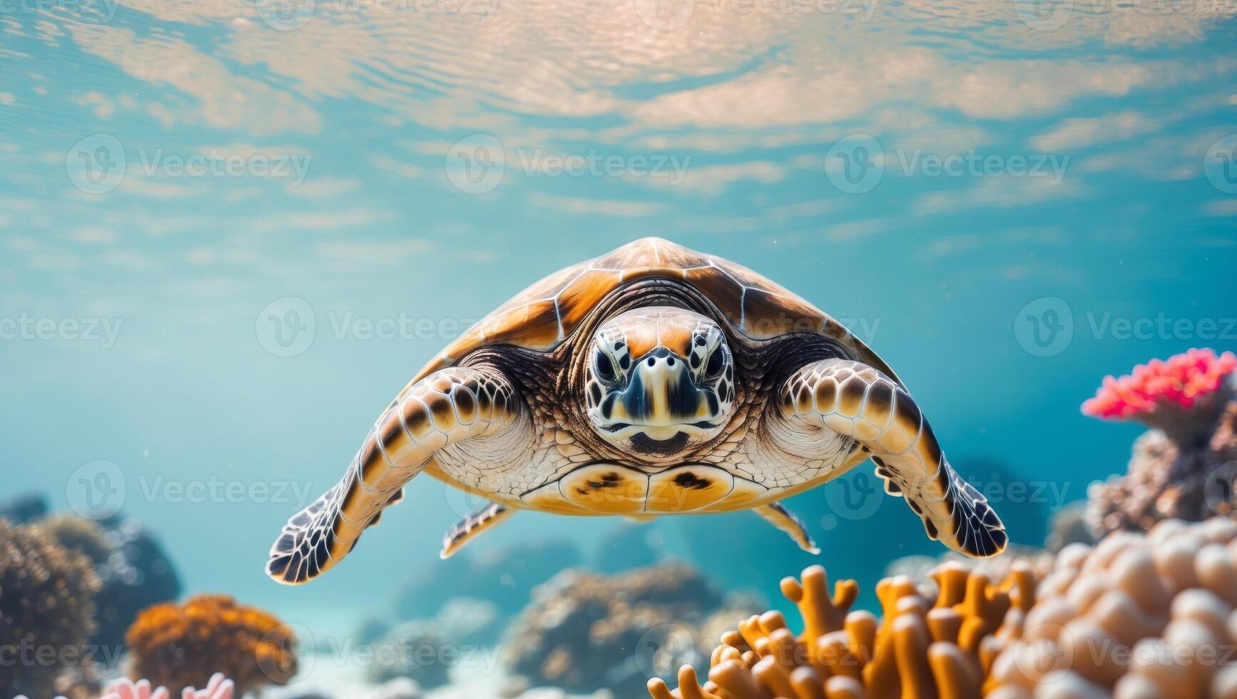 A turtle swimming over a coral reef with a sun in the background photo