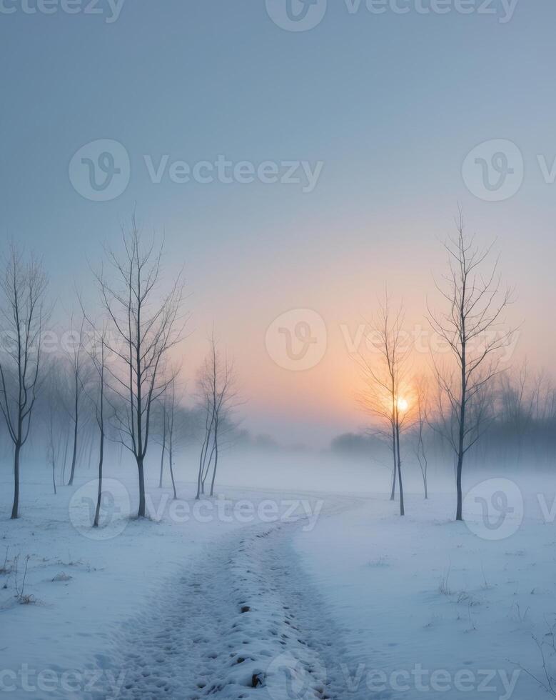 Winter Sunrise Over Snowy Landscape with Trees and Path photo