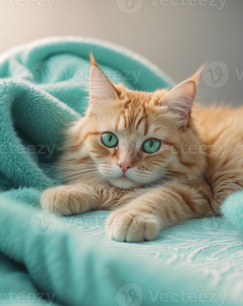Cute Ginger Cat Lying on Soft Turquoise Blanket with Curious Expression. photo