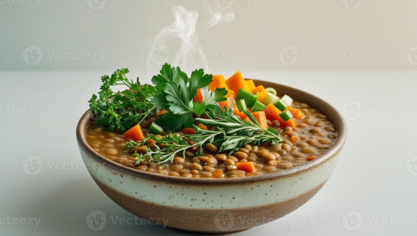 Hearty Lentil Soup with Fresh Herbs and Vegetables in a Rustic Bowl. photo