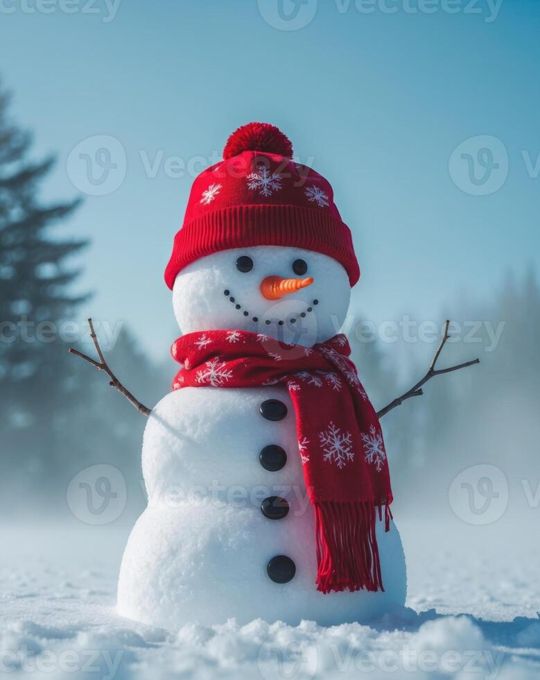 Snowman wearing a red hat and scarf in a winter landscape photo