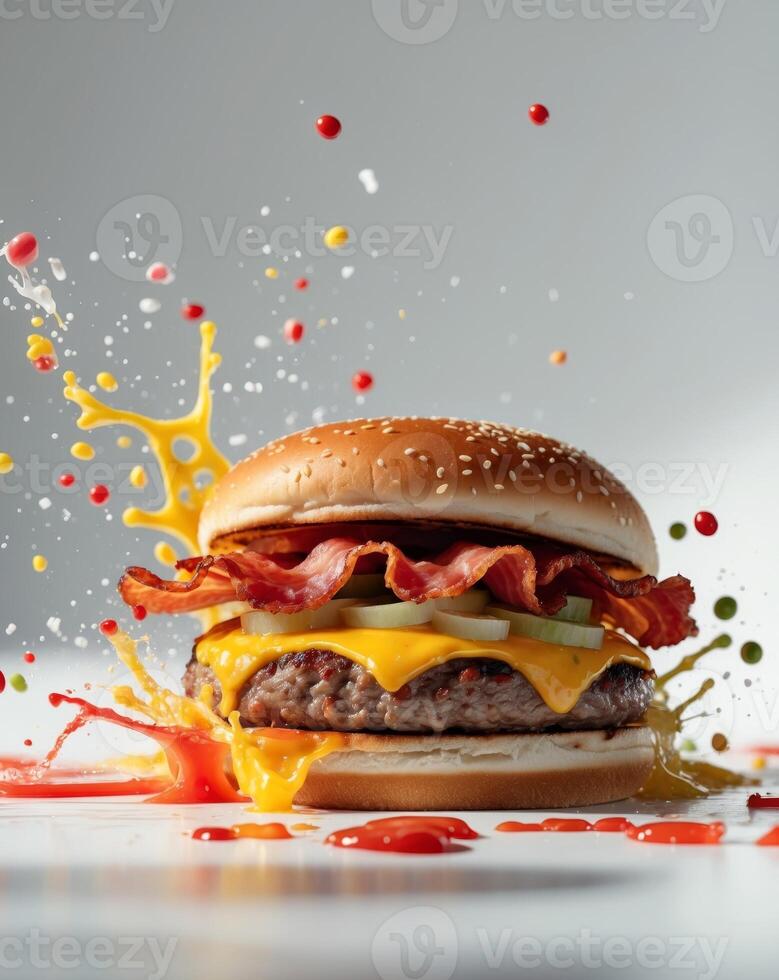 A hamburger with bacon, cheese and sauce splashing on it photo