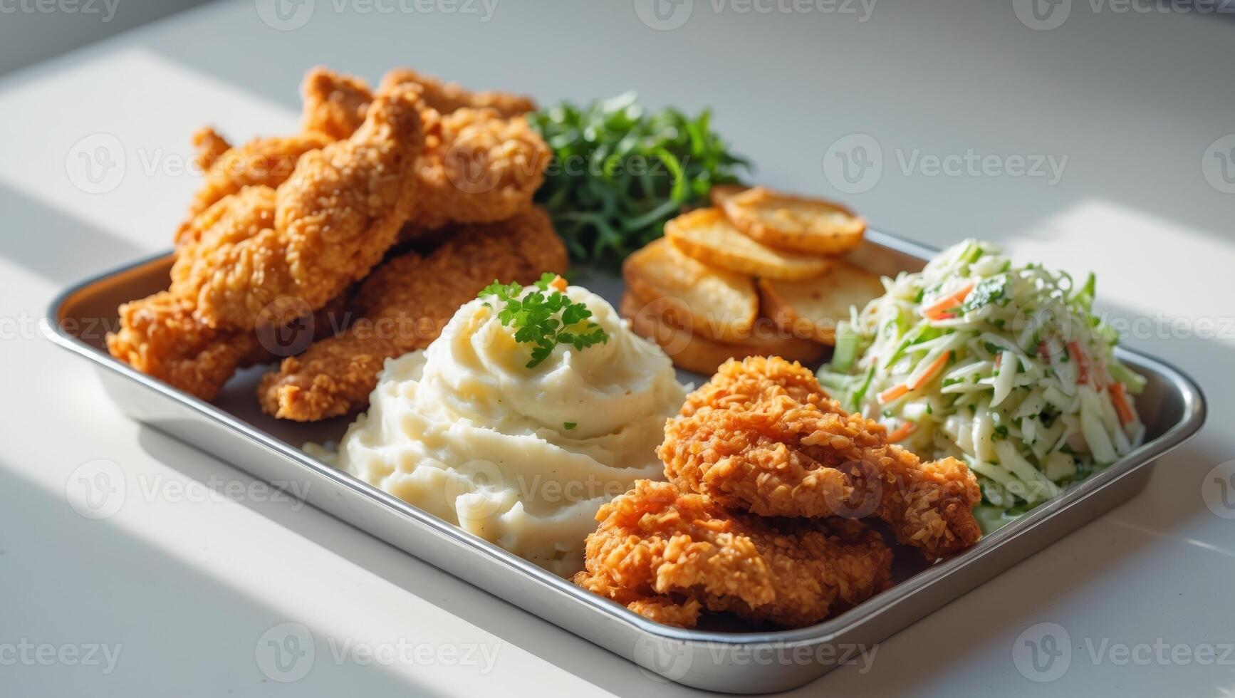 A tray with chicken, mashed potatoes and coleslaw photo