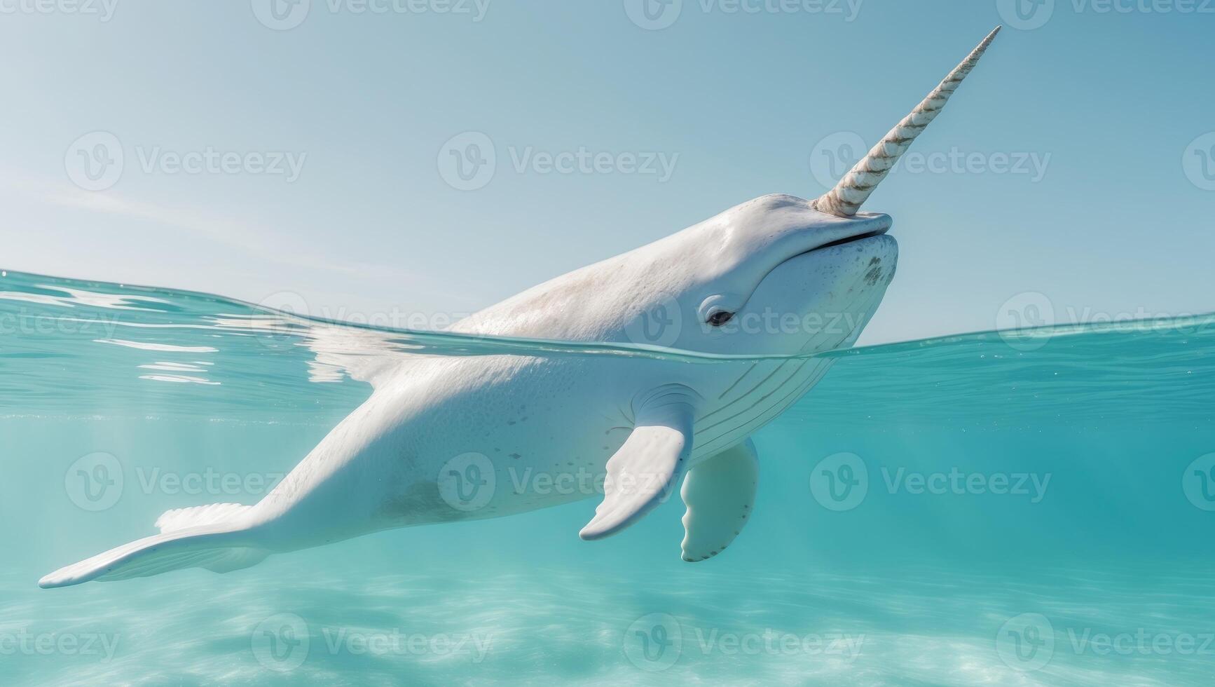 A narwhal with a horn on its head swimming in the ocean photo