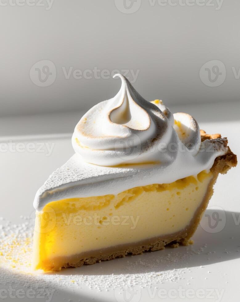 A slice of lemon meringue pie with a white background photo