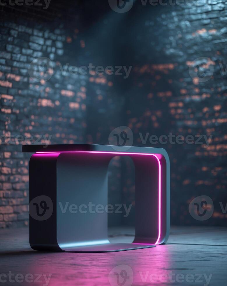 Neon lit urban podium scene with brick wall background for modern design concepts photo