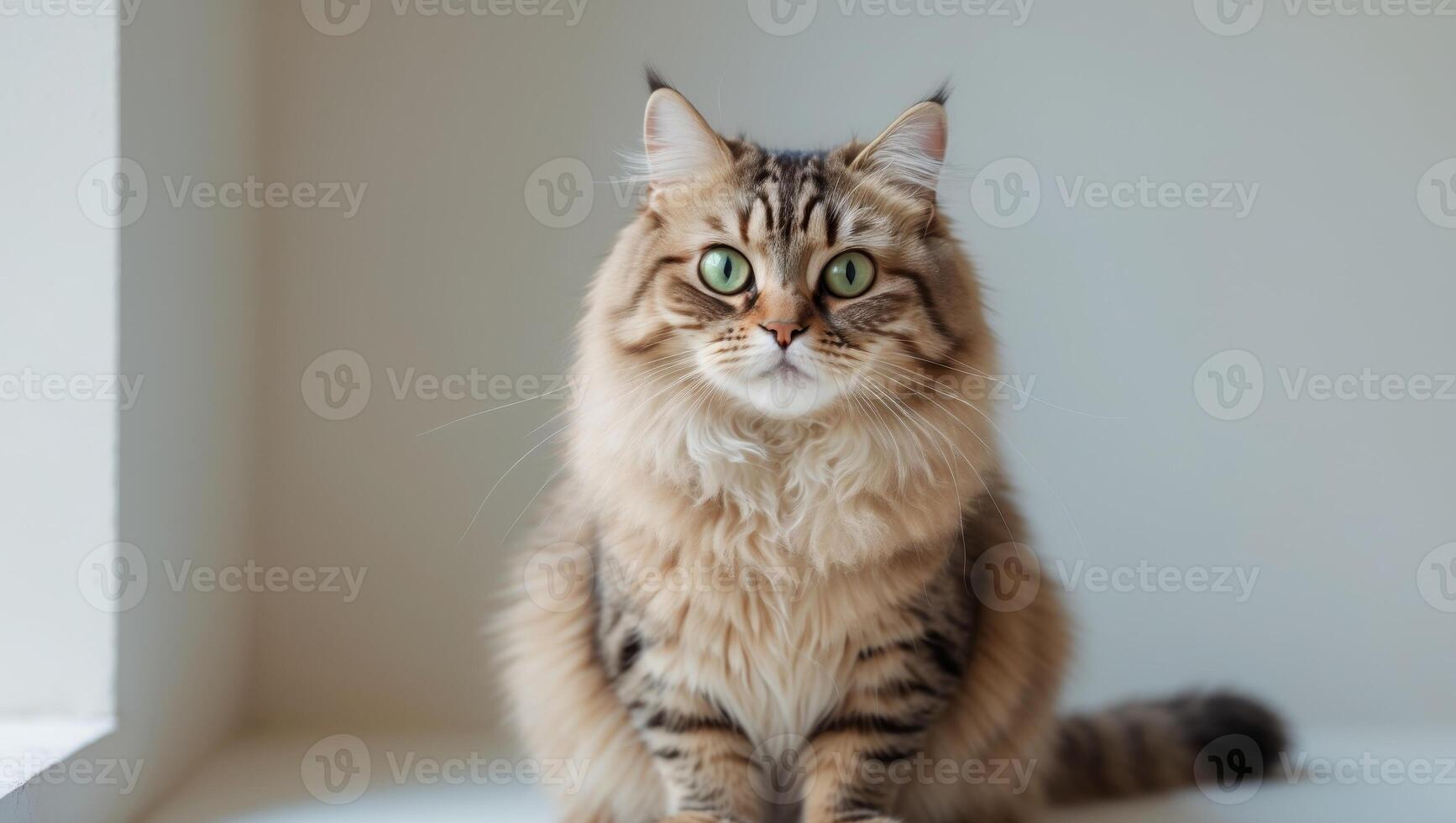 Fluffy tabby cat with bright eyes and a curious expression sits attentively photo