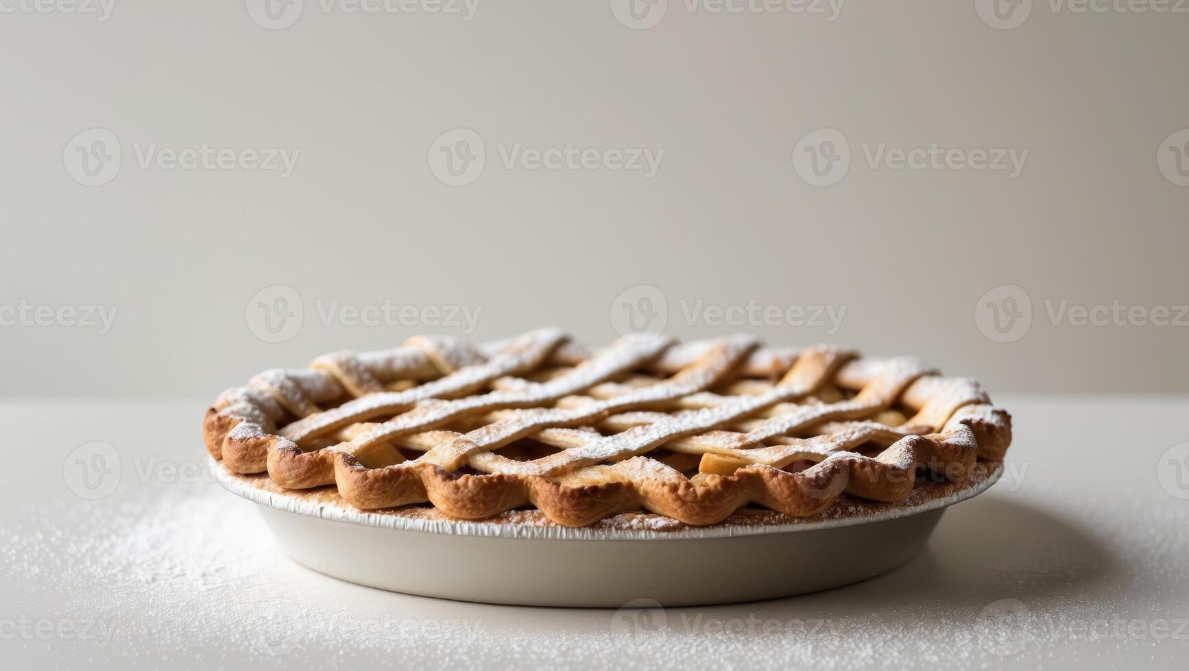 Apple pie with a golden brown lattice crust and a dusting of powdered sugar. photo