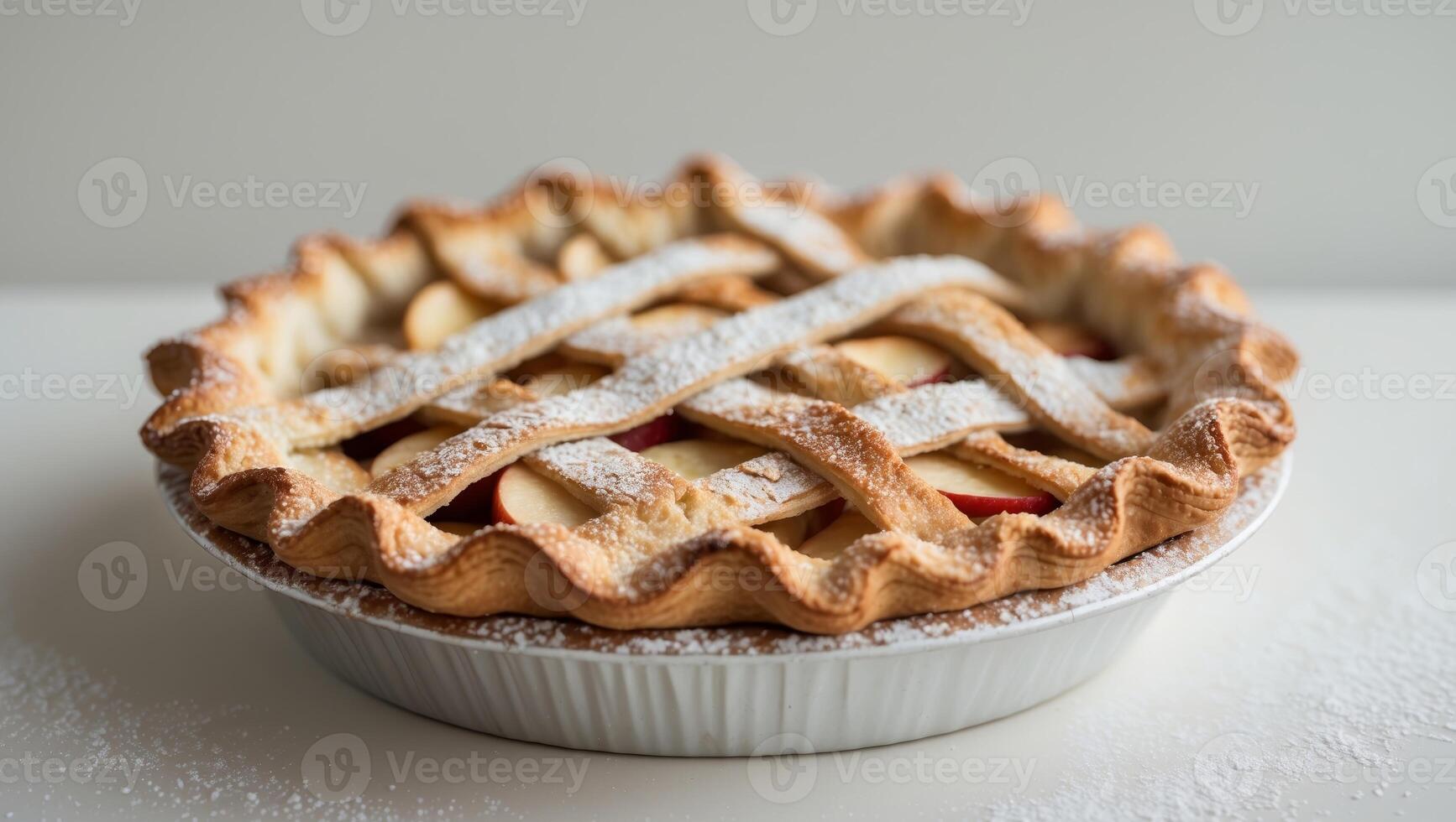 Apple pie with a golden brown lattice crust and a dusting of powdered sugar photo