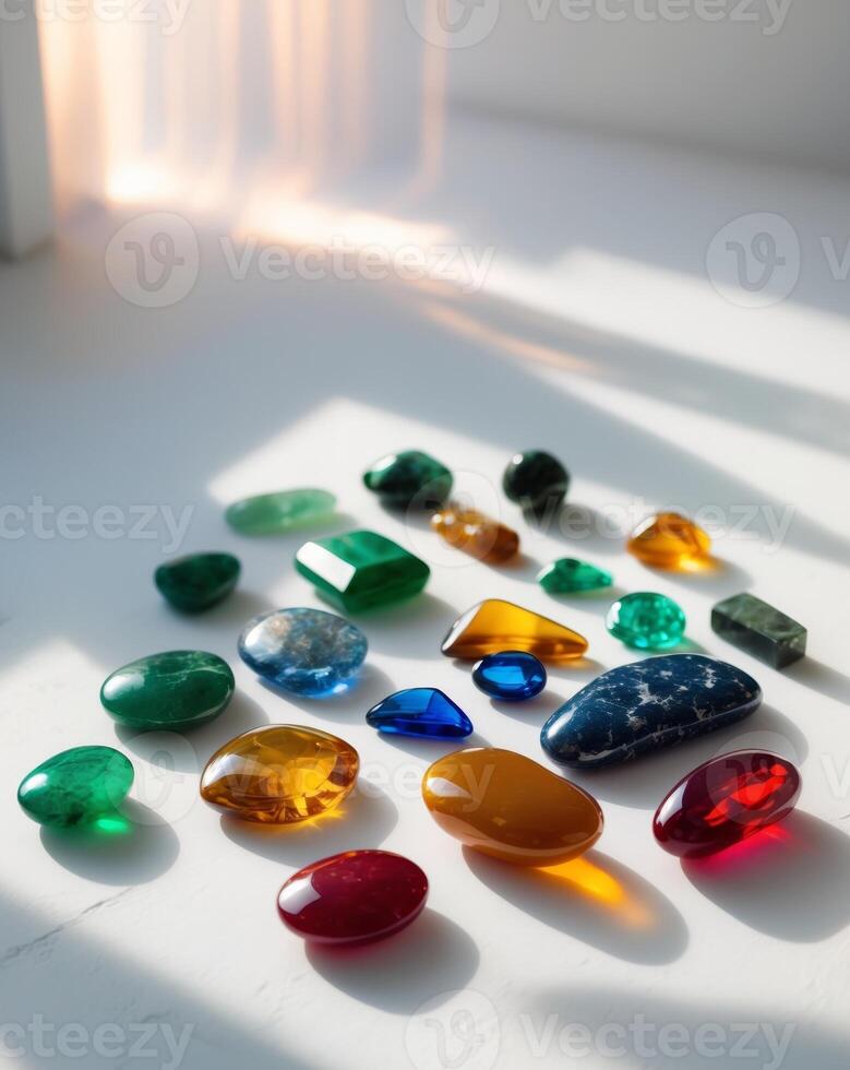Colorful collection of polished stones displayed on a white surface during natural light. photo