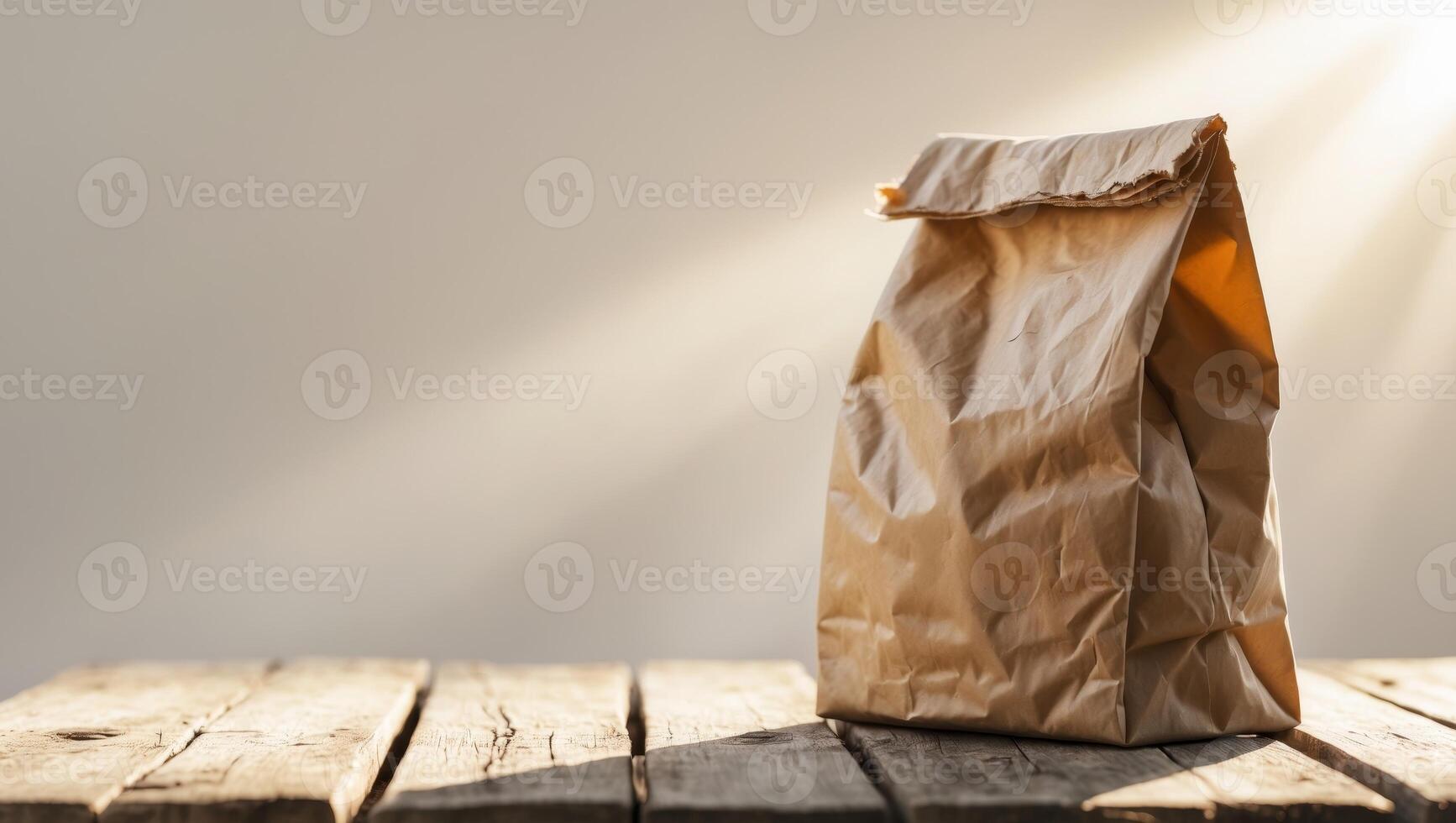 A Simple Brown Paper Lunch Bag on a Rustic Wooden Table Bathed in Sunlight photo