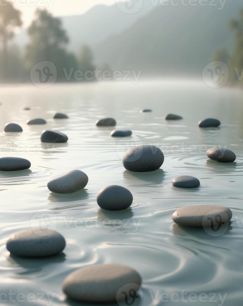 Serenity of balanced stones on tranquil water surface with gentle ripples and a peaceful natural backdrop for relaxation and mindfulness themes photo