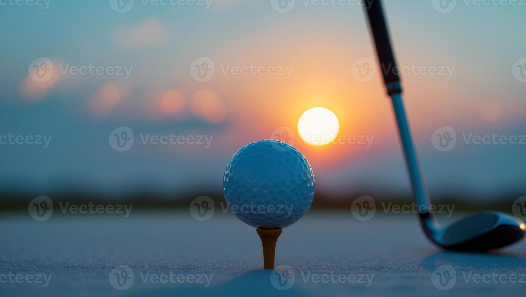 Golf ball on tee at sunset with a golf club in the background. photo