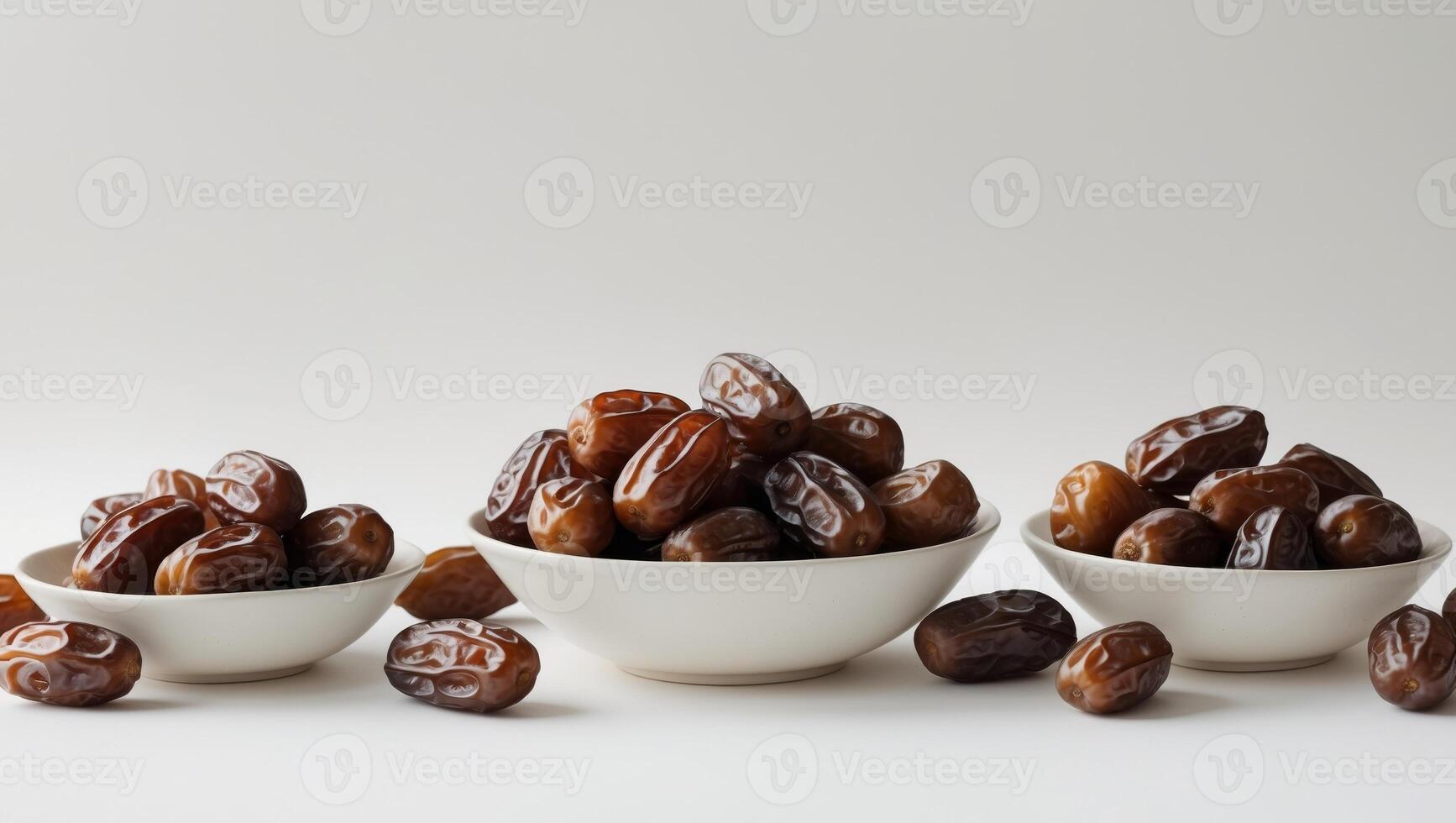 Dates plump and glossy piled in three bowls. photo