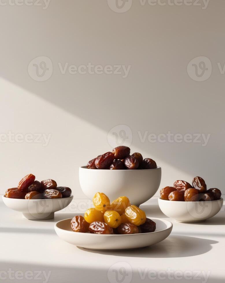 Dates arranged in various groups and bowls photo