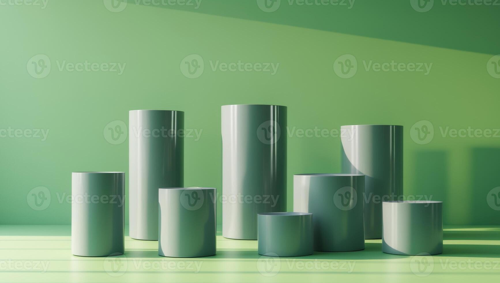 Green Background with Gray Cylindrical Display Stands photo