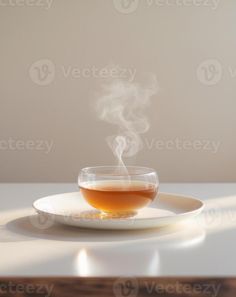 A glass bowl of tea sits on a plate on a table. photo