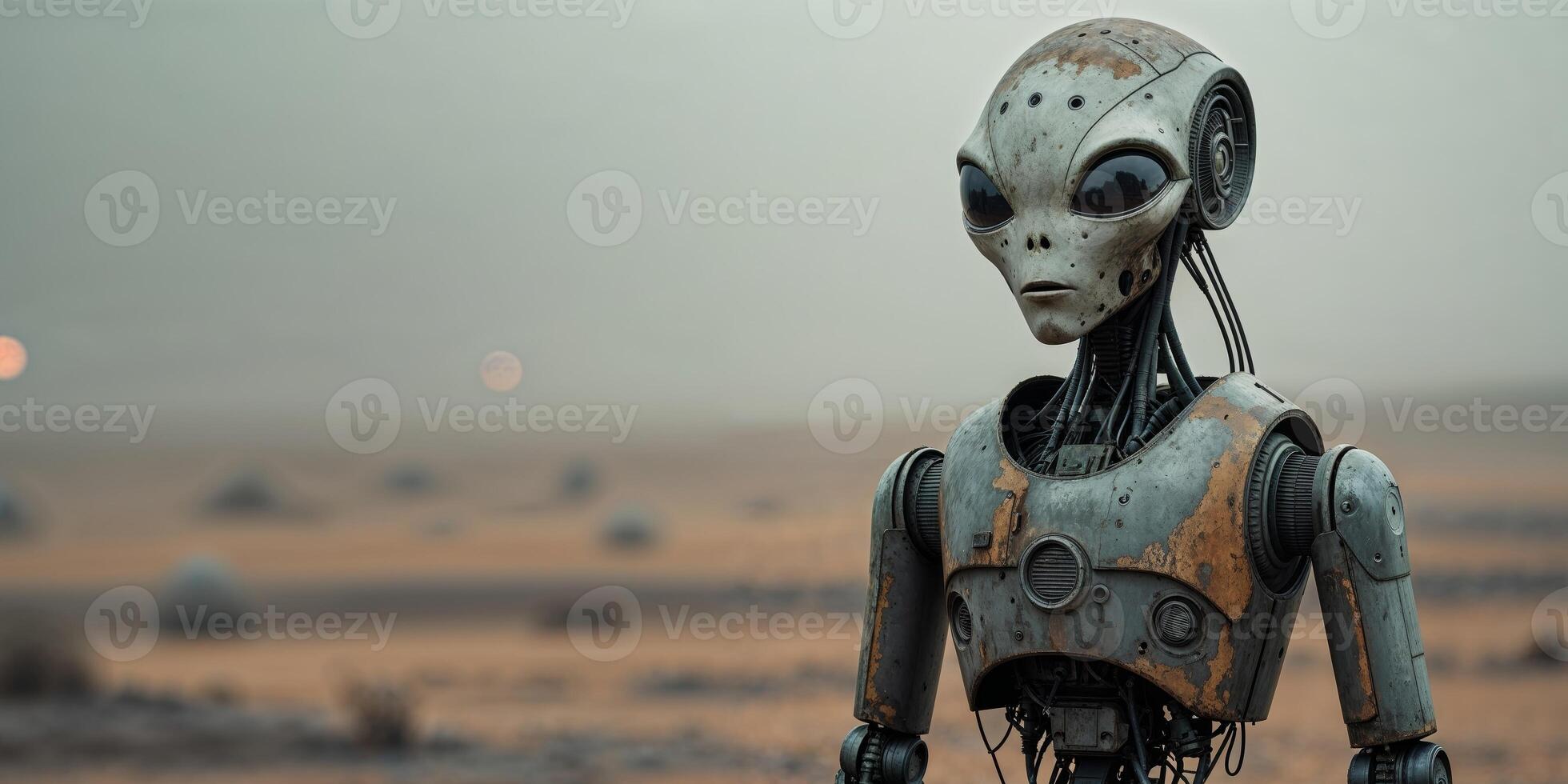 Weathered Alien Robot Stands In A Desolate Landscape. photo