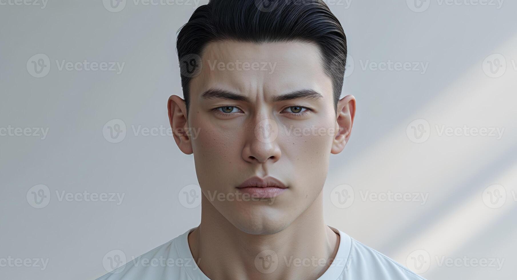 Serious Man with Neutral Expression Wearing White T Shirt photo