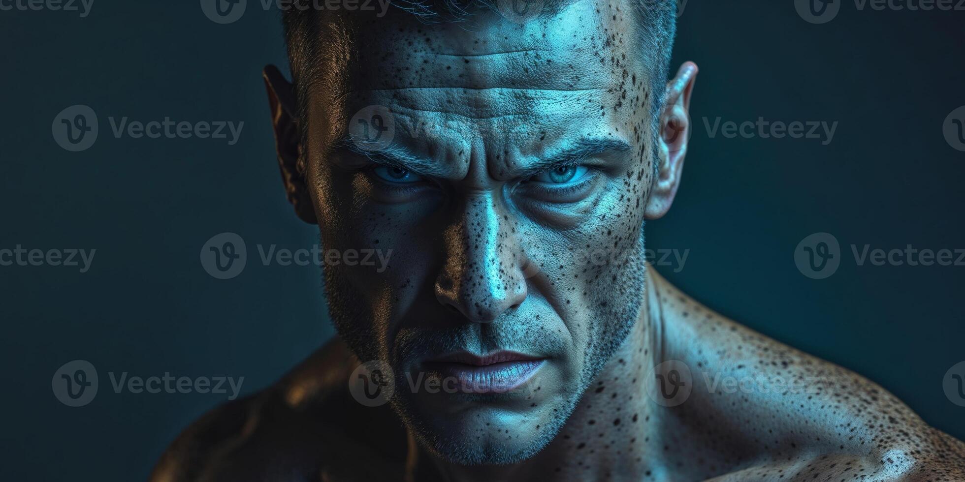 Intense Man with Speckled Face in Blue Light photo