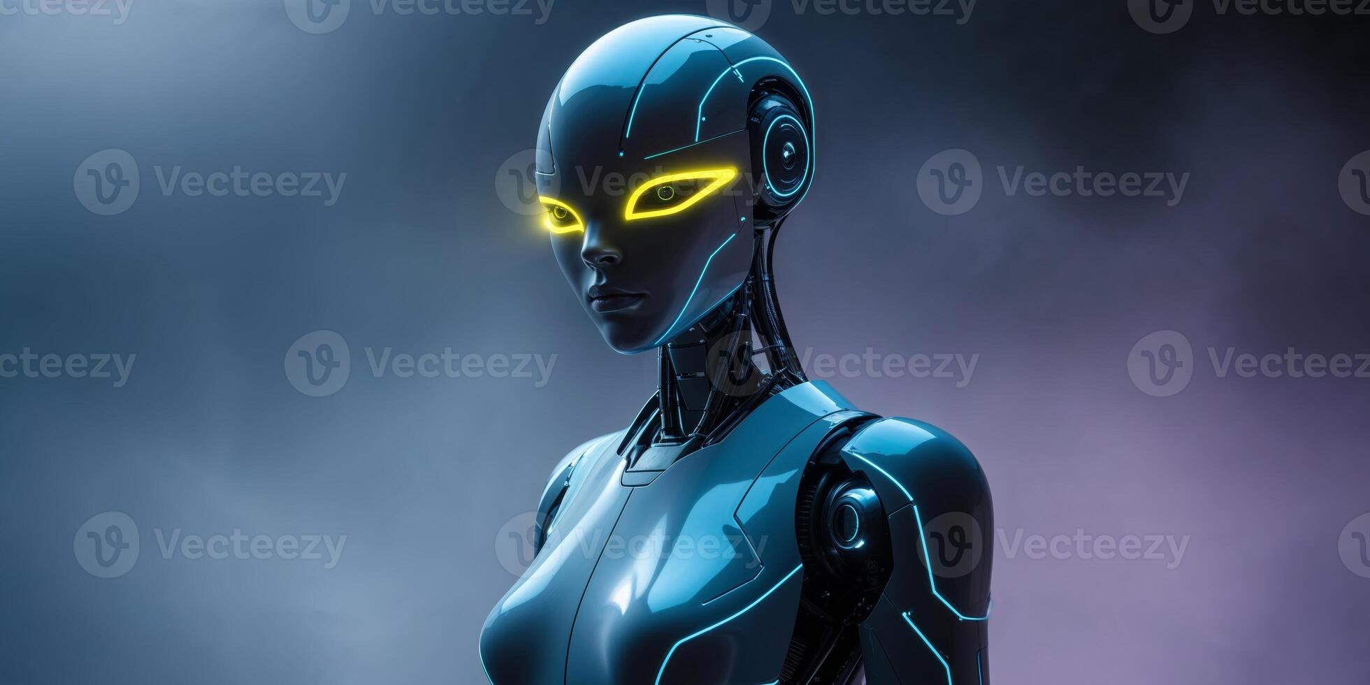 Futuristic robotic figure with glowing features in a dark environment showcasing advanced technology and design. photo