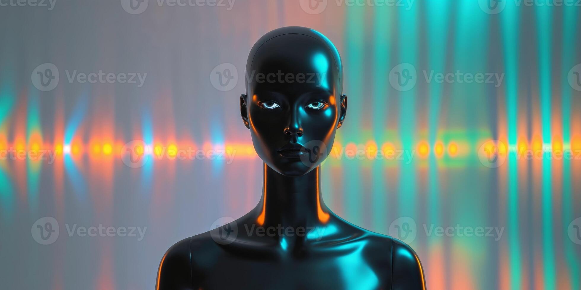 Futuristic black mannequin surrounded by colorful reflections. photo