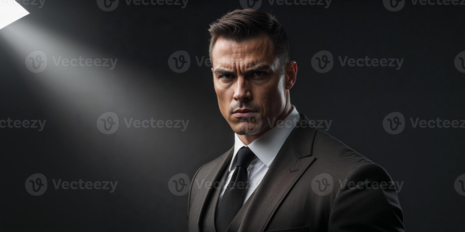 Confident Man in a Dark Studio Setting with a Serious Expression. photo