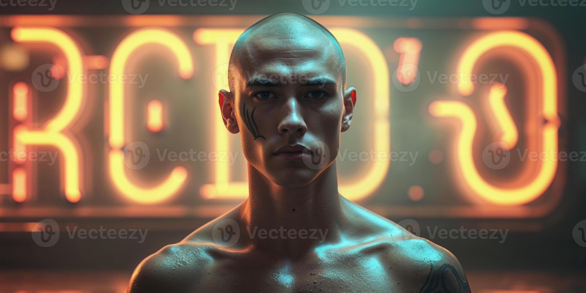 A man with a shaved head and a tattoo on his face is standing in front of a neon sign photo