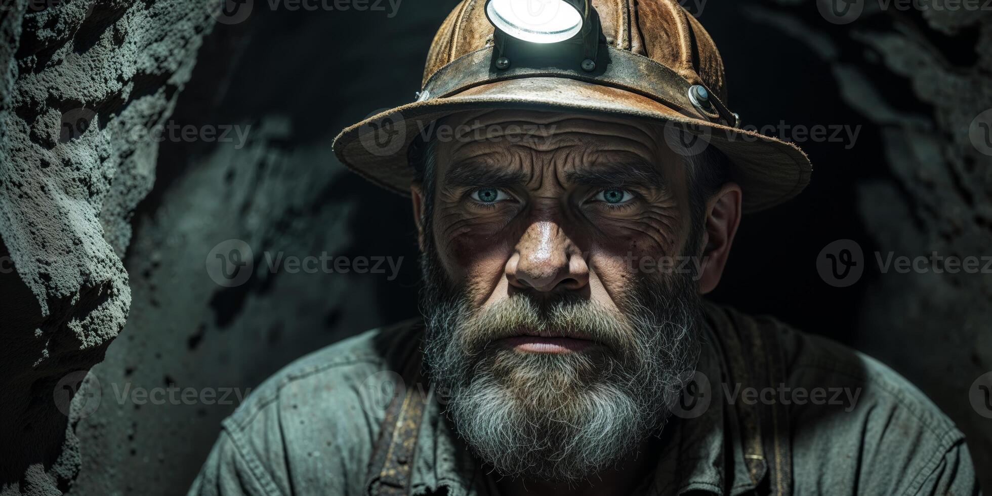 Bearded man in a mining hat focusing in dimly lit underground environment photo