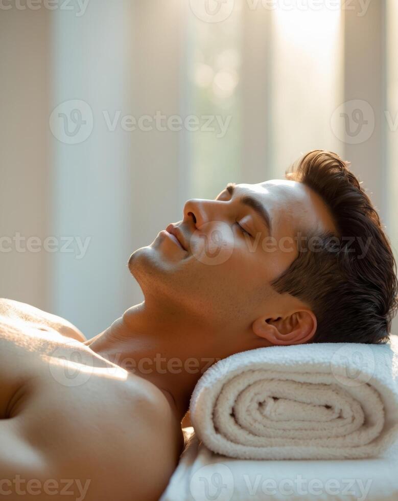 Man is getting a massage with his head on a towel photo