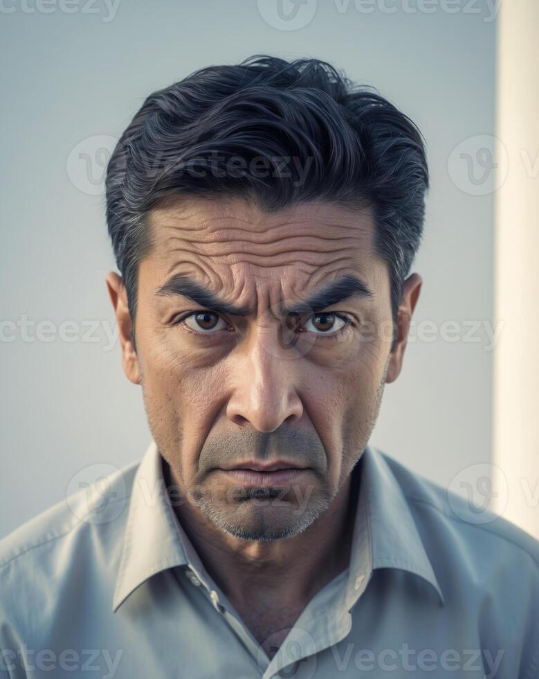 Man with worried face expression and many questions. photo