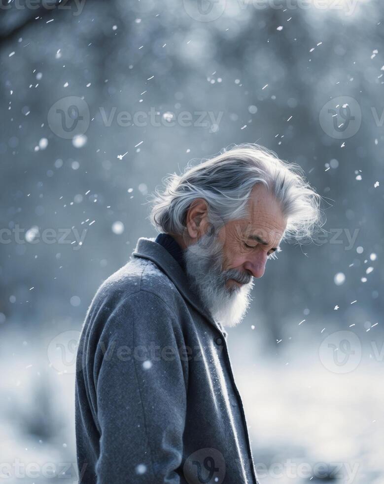 Elderly man with gray beard looks pensively while snow falls softly around him in a winter landscape. photo