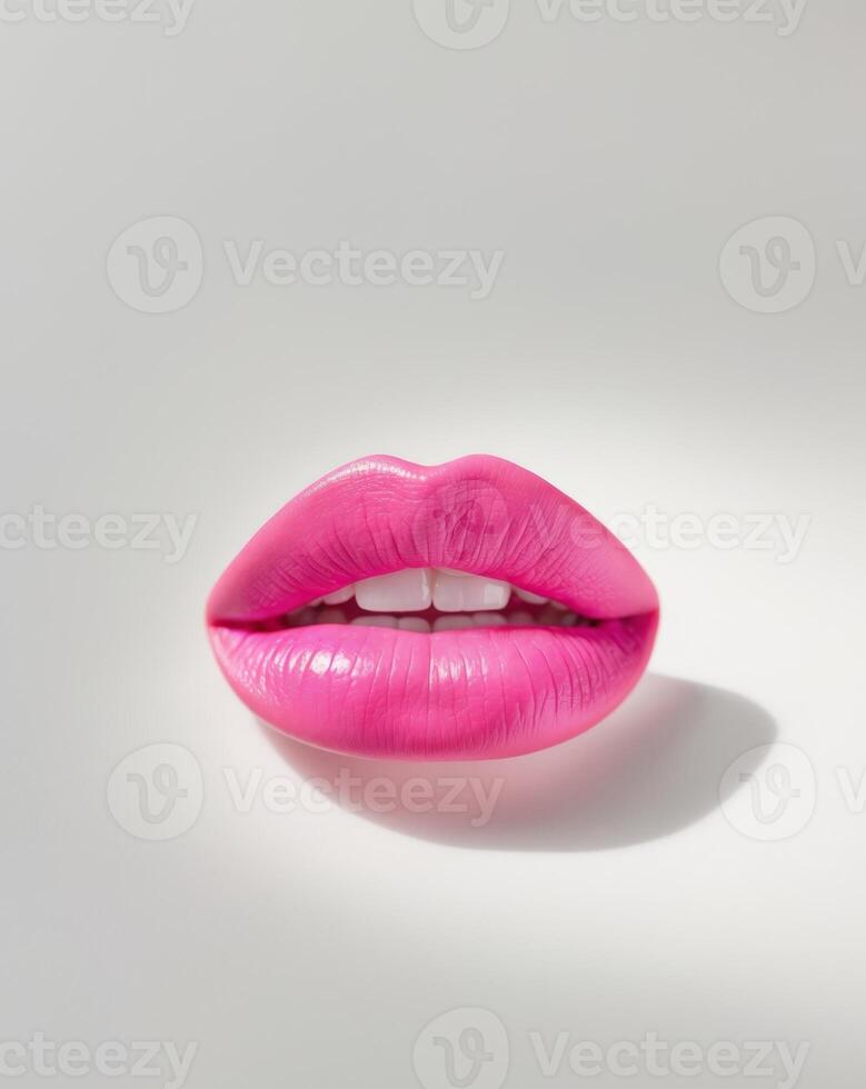 Bright pink lips showcase a confident smile. photo