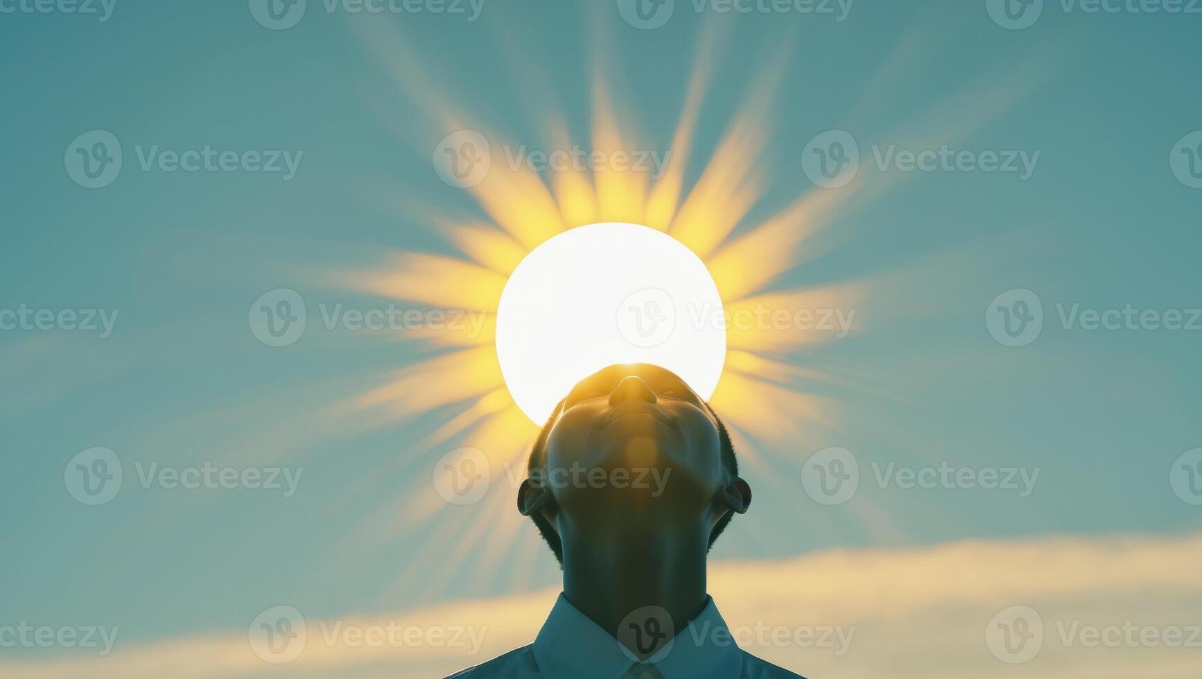 A mesmerizing portrayal of an individual transfixed by majestic radiance of sun evoking a sense of awe and fascination towards our celestial neighbor. photo