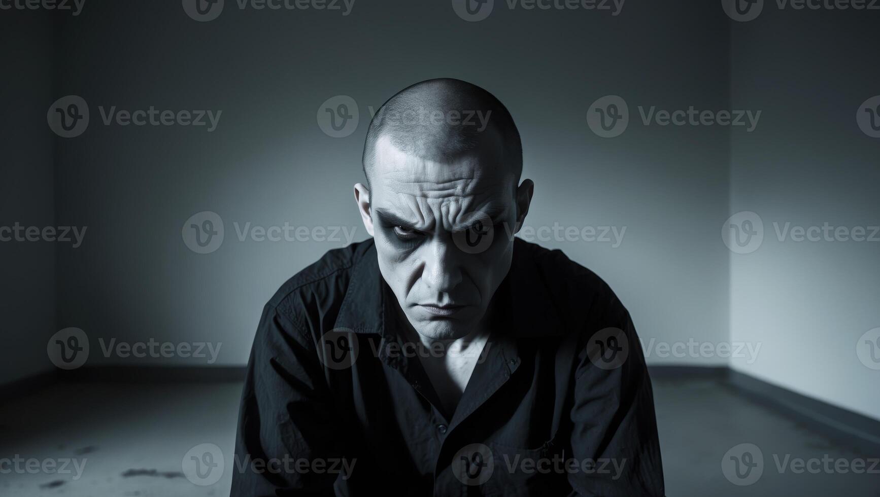 A man with a scowl on his face is shown in a dark room. photo