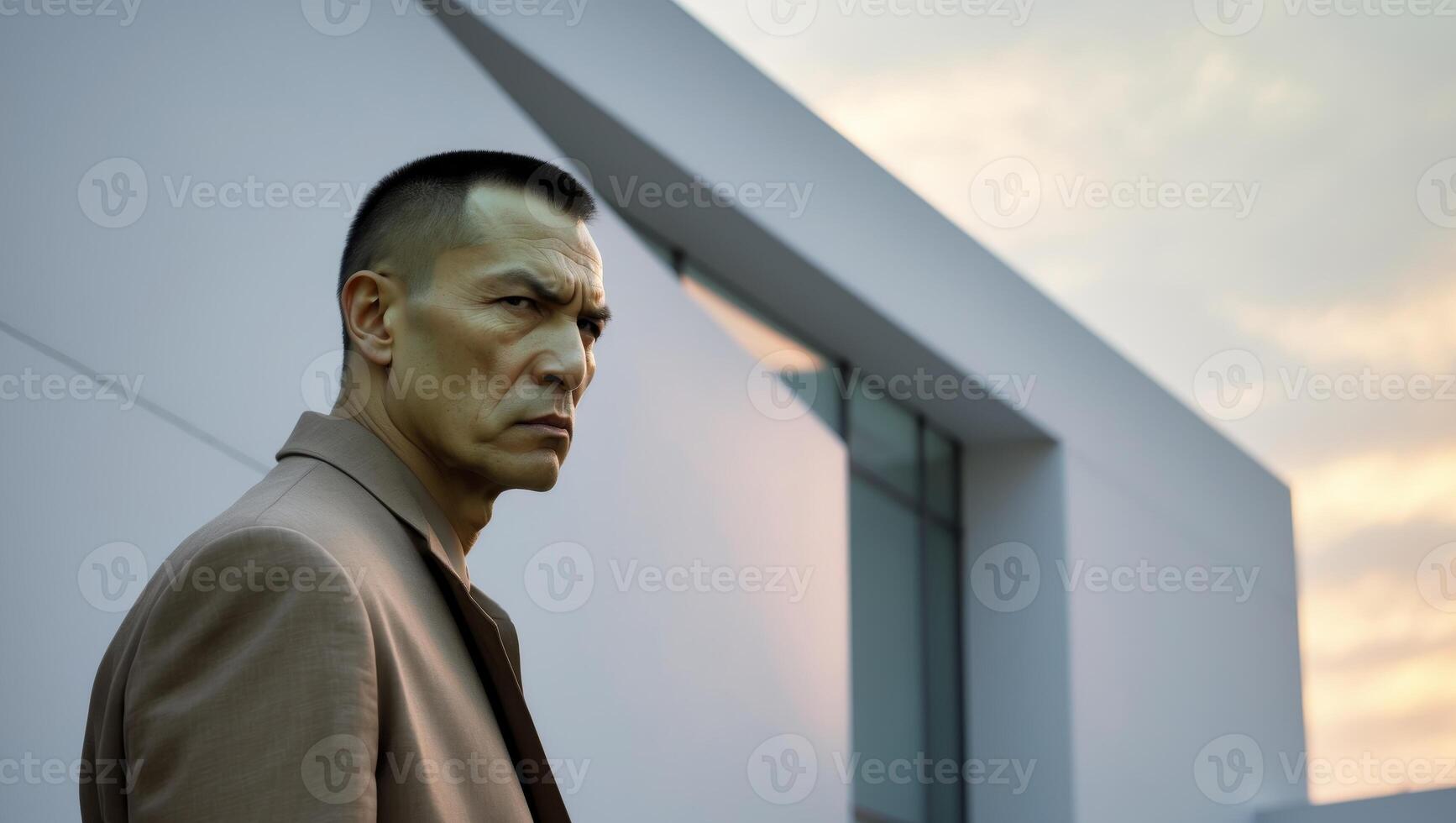A man with a scowl on his face is standing in front of a building photo