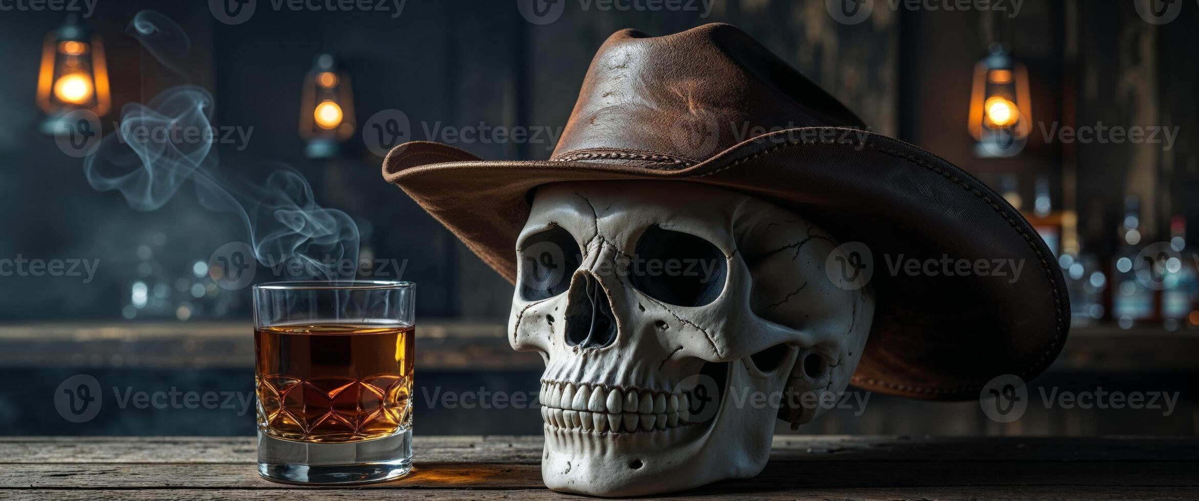Skull with cowboy hat beside a glass of whiskey in a rustic bar setting at night photo