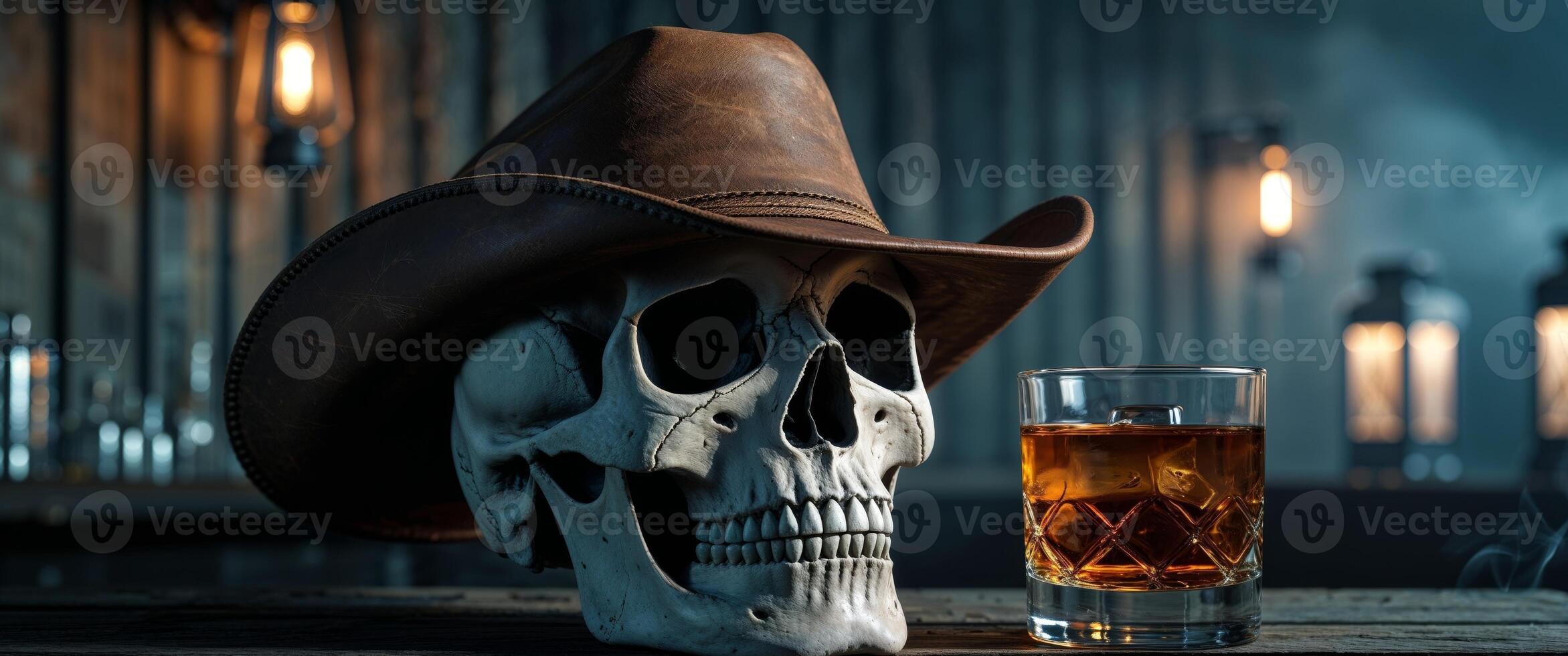 Skull with cowboy hat beside a glass of whiskey in a rustic bar setting at night. photo