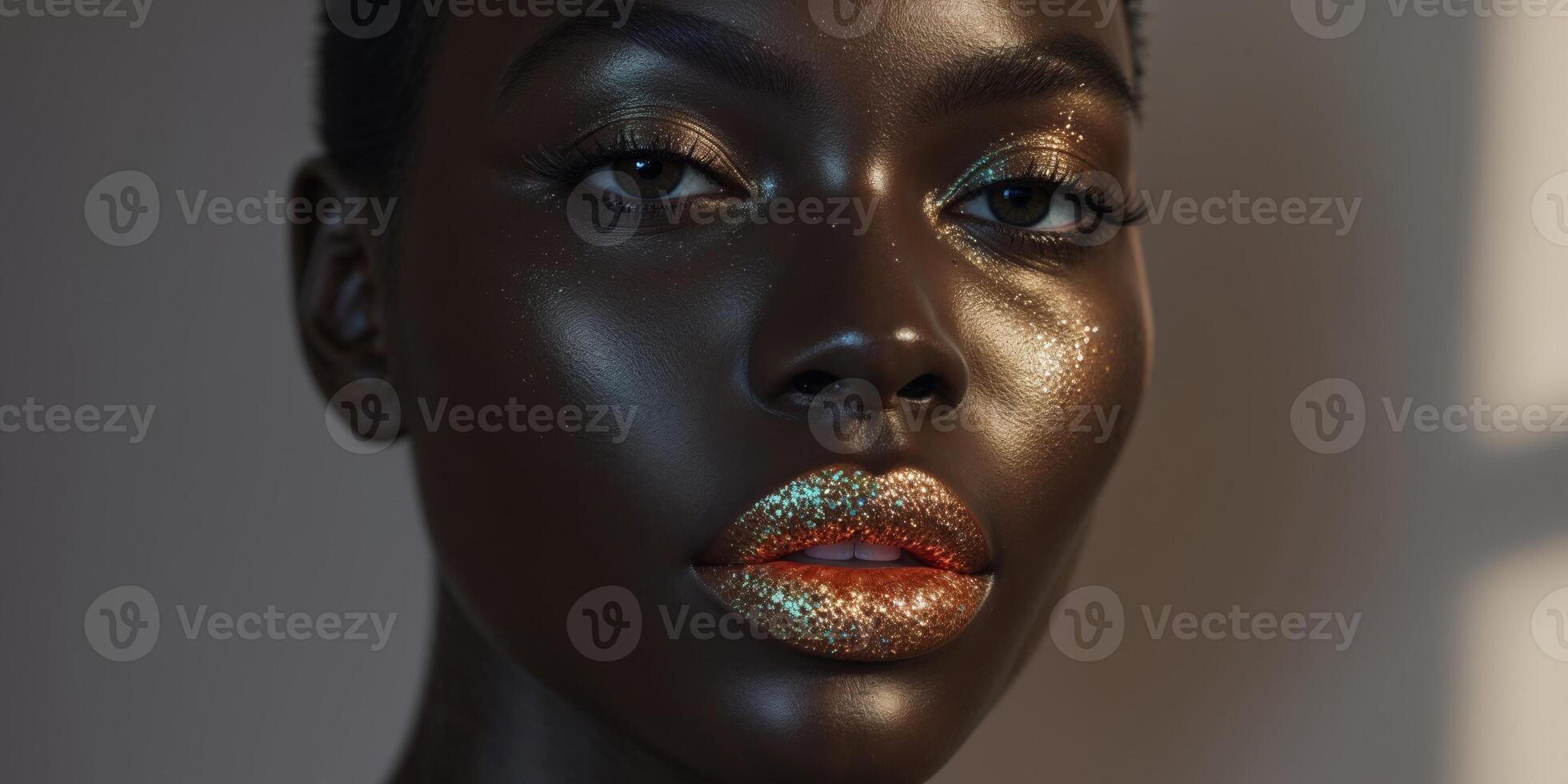 Close up of dark skin with glitter lipstick photo