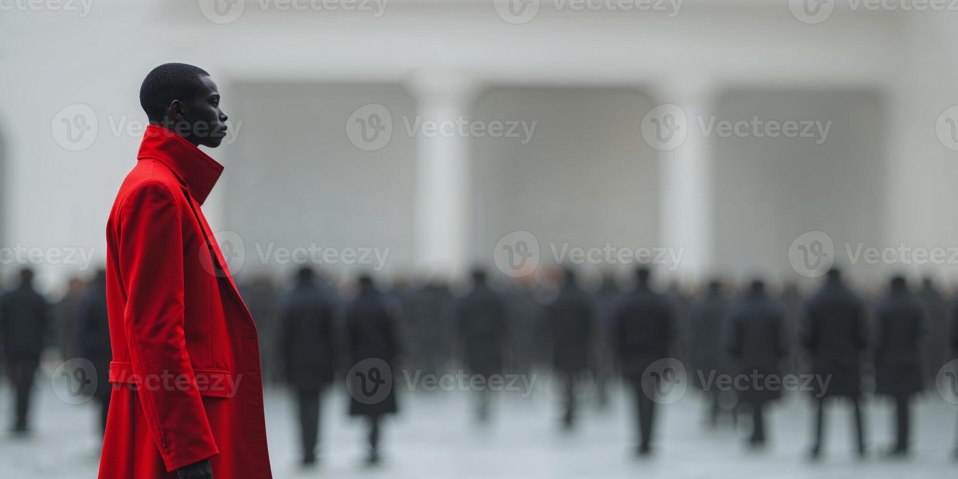 A lone figure in red stands before a crowd. photo