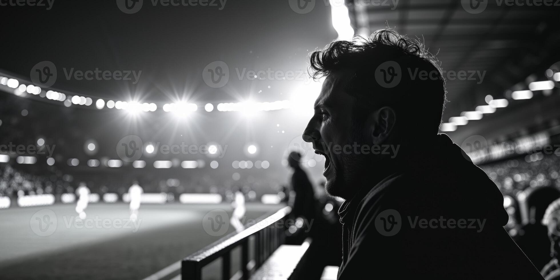 Spectator enjoying soccer match in silhouette. photo