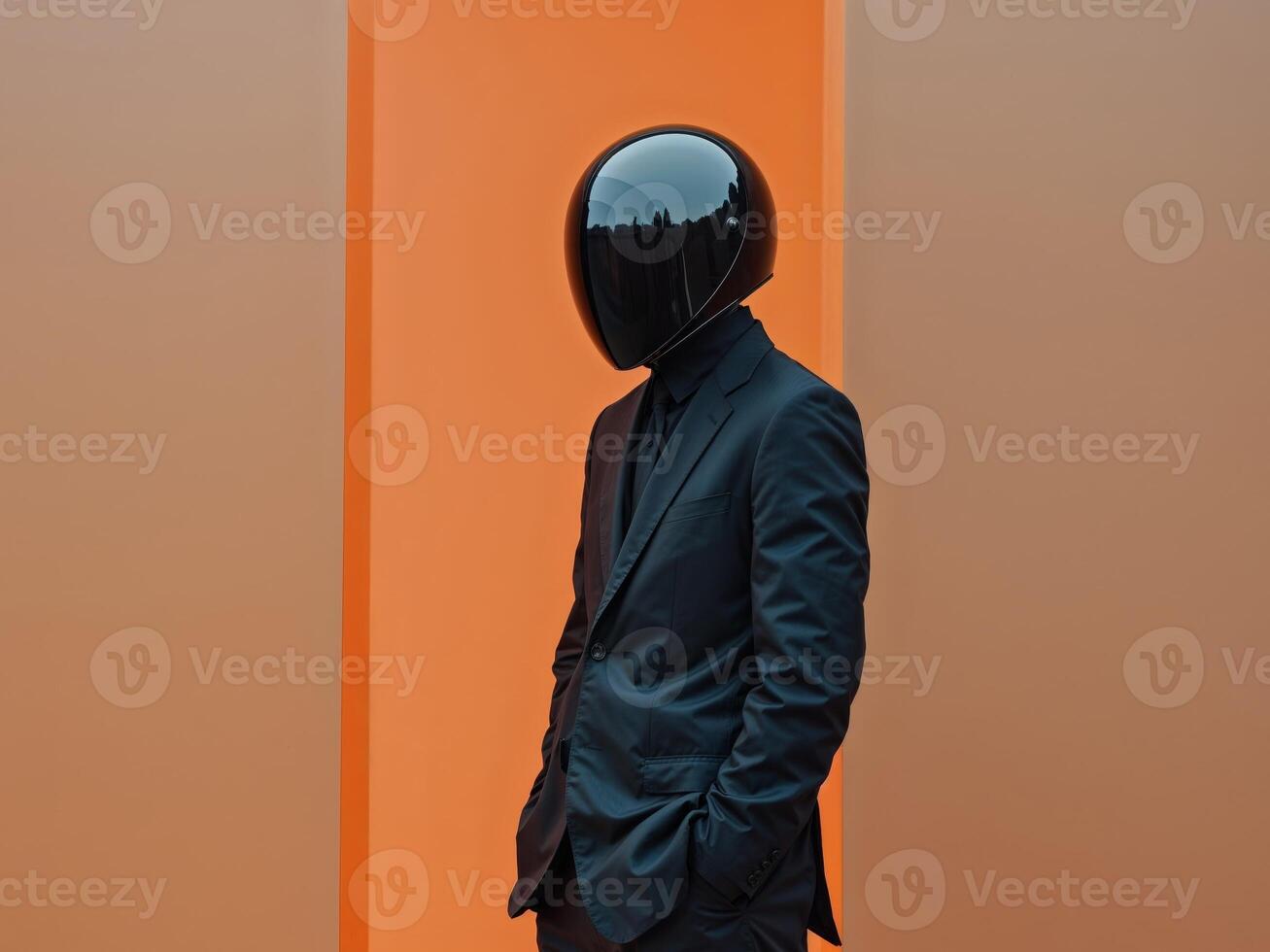 Man in a black helmet stands in front of a bright orange background photo