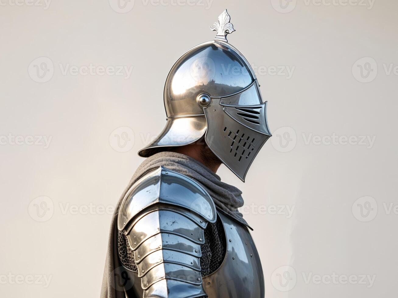 Medieval knight wearing helmet is preparing for battle. photo